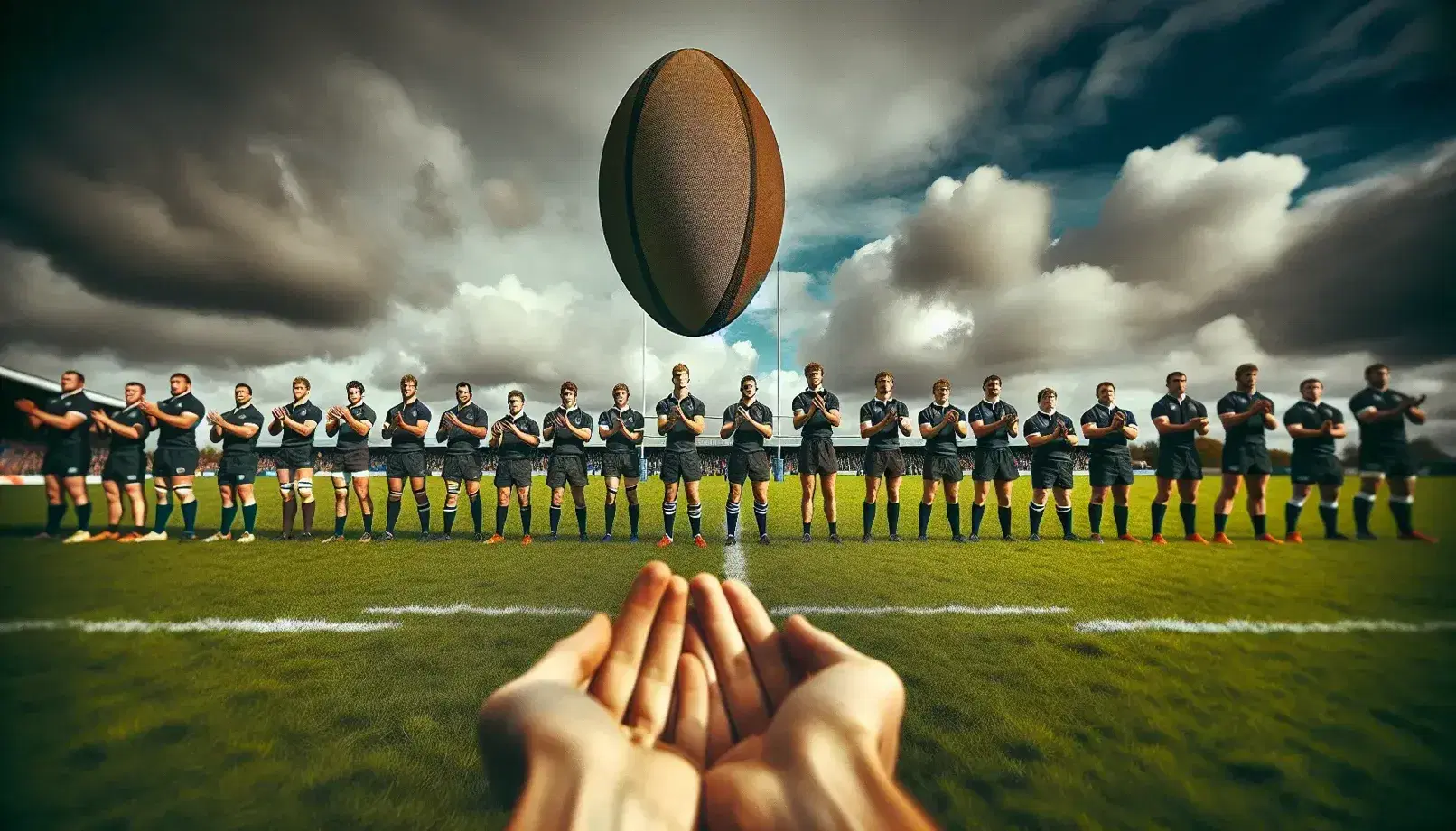 Partita di rugby in corso con due squadre in maglie scure e chiare allineate, pallone in volo e campo verde in sfondo nuvoloso.