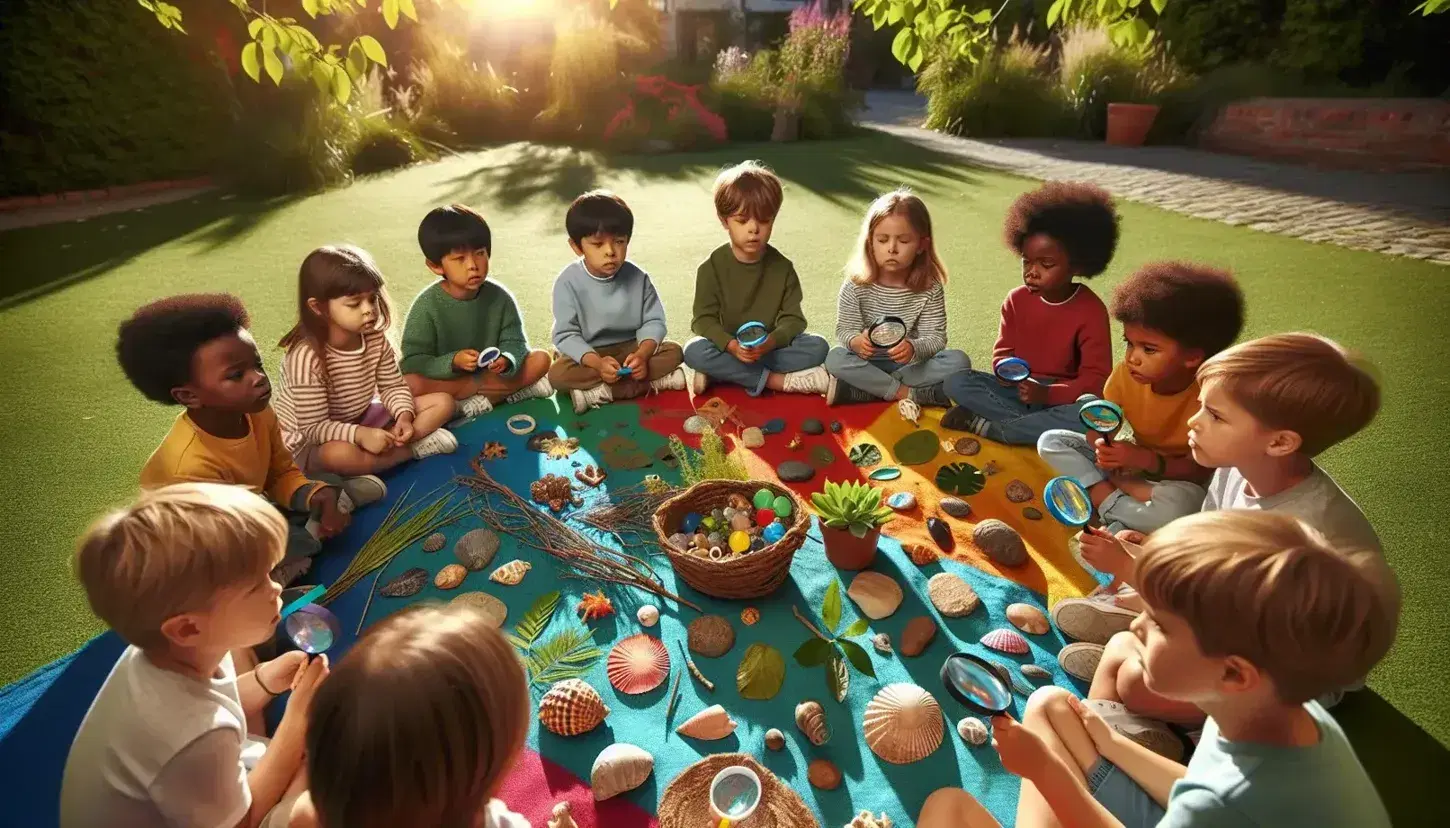 Niños de diversas etnias explorando la naturaleza con lupas en un parque, sentados en manta colorida entre hojas y conchas.