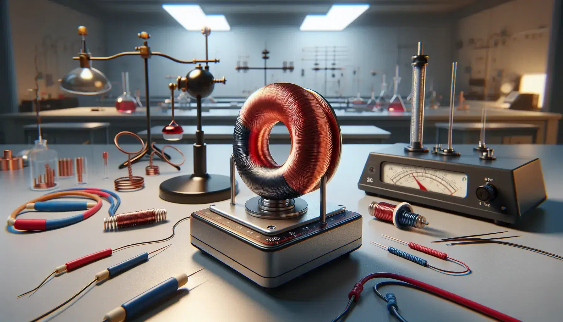 Laboratorio de física con bobina de cobre, brújula, imán y anillo conductor sobre trípode, rodeado de cables y fuente de poder.
