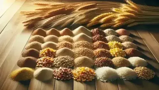 Variedad de granos de cereales sobre superficie de madera, con montones de trigo, cebada, avena, maíz, arroz y sorgo bajo luz natural.