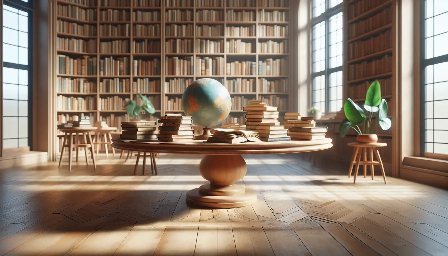 Biblioteca luminosa con mesa de madera y libros abiertos, globo terráqueo sin marcas y estanterías llenas de libros variados, planta y luz natural.