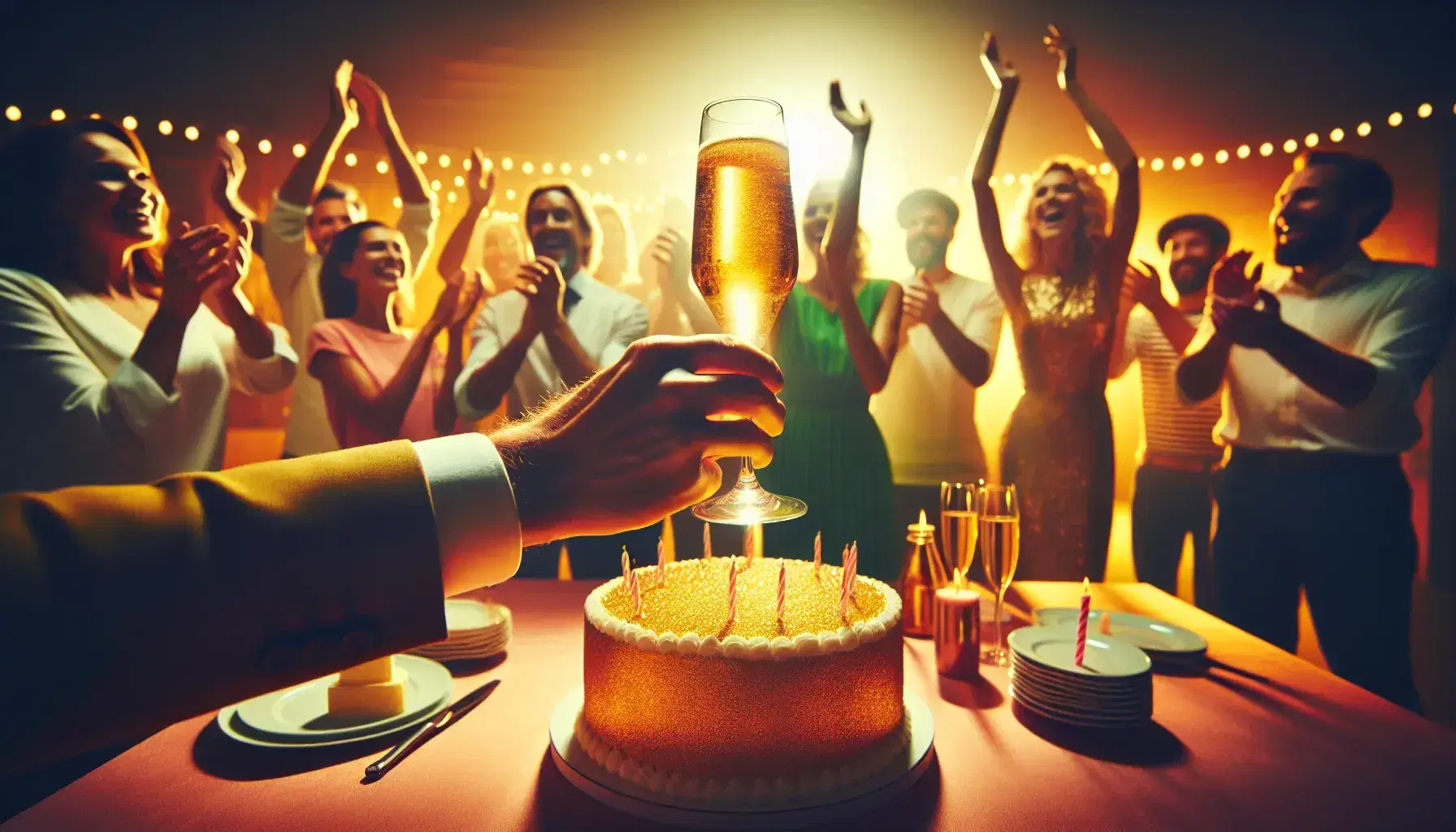 Celebratory scene with a person toasting with champagne, surrounded by joyful guests in mixed attire, clapping and raising arms near a cake on a table.