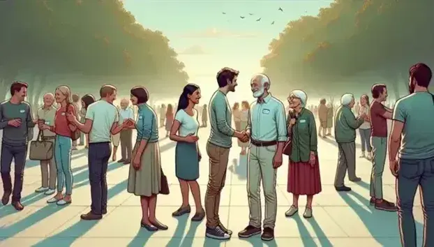 Gruppo multietnico di persone si saluta in un parco, con strette di mano e gesti amichevoli, sotto un cielo sereno.