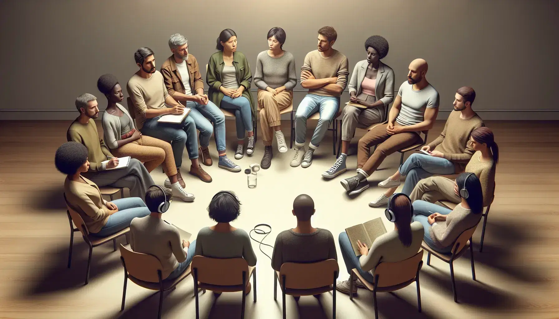 Multi-ethnic therapeutic group sitting in a circle with attentive therapist, different emotional expressions, warm and welcoming environment, without distractions.