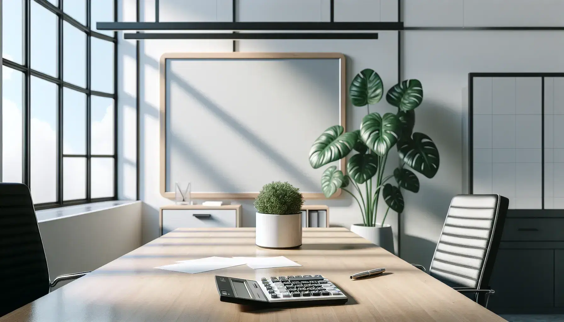 Oficina moderna y luminosa con mesa de madera, calculadora científica, papeles en blanco, planta interior y pizarra blanca, junto a ventana con vista al cielo azul.
