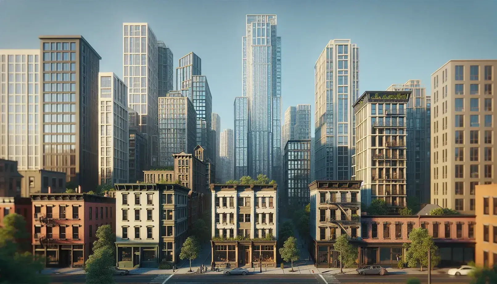 Edificios urbanos ascendentes desde una pequeña construcción de ladrillo hasta un rascacielos de acero y vidrio, con árboles dispersos bajo un cielo azul claro.