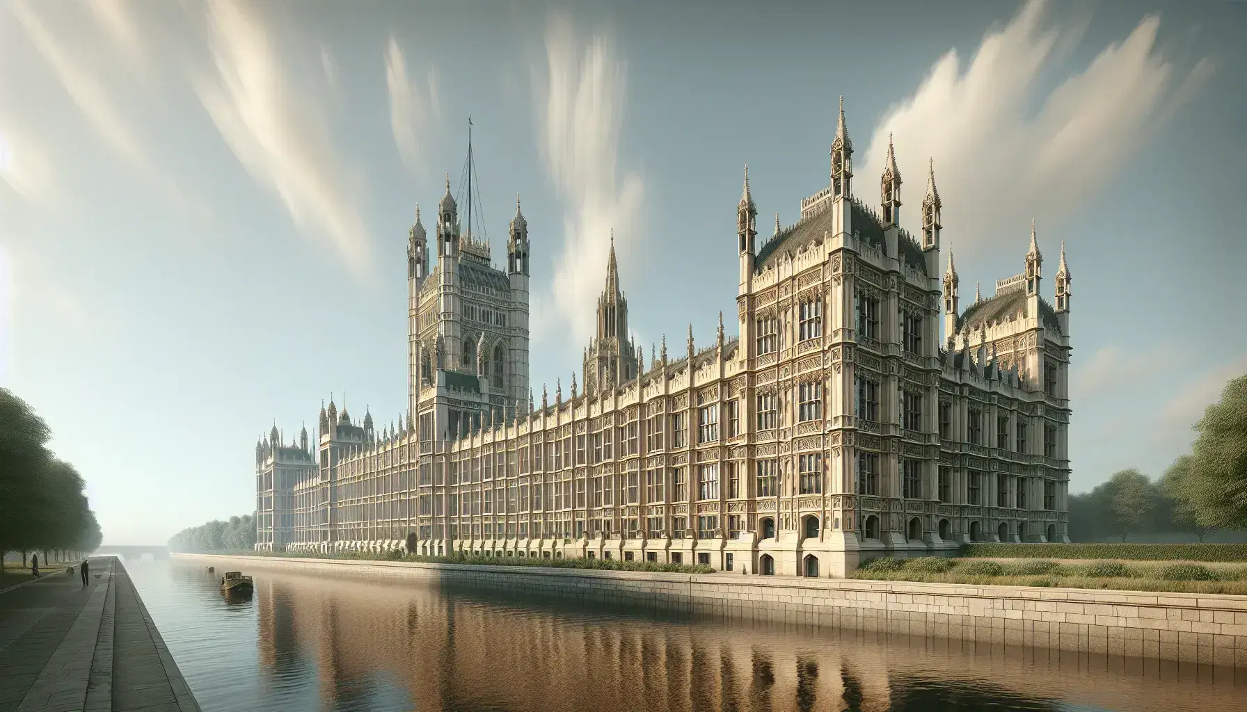 Historic gothic revival building resembling London's Houses of Parliament beside a calm river with a clear blue sky and manicured riverbank.