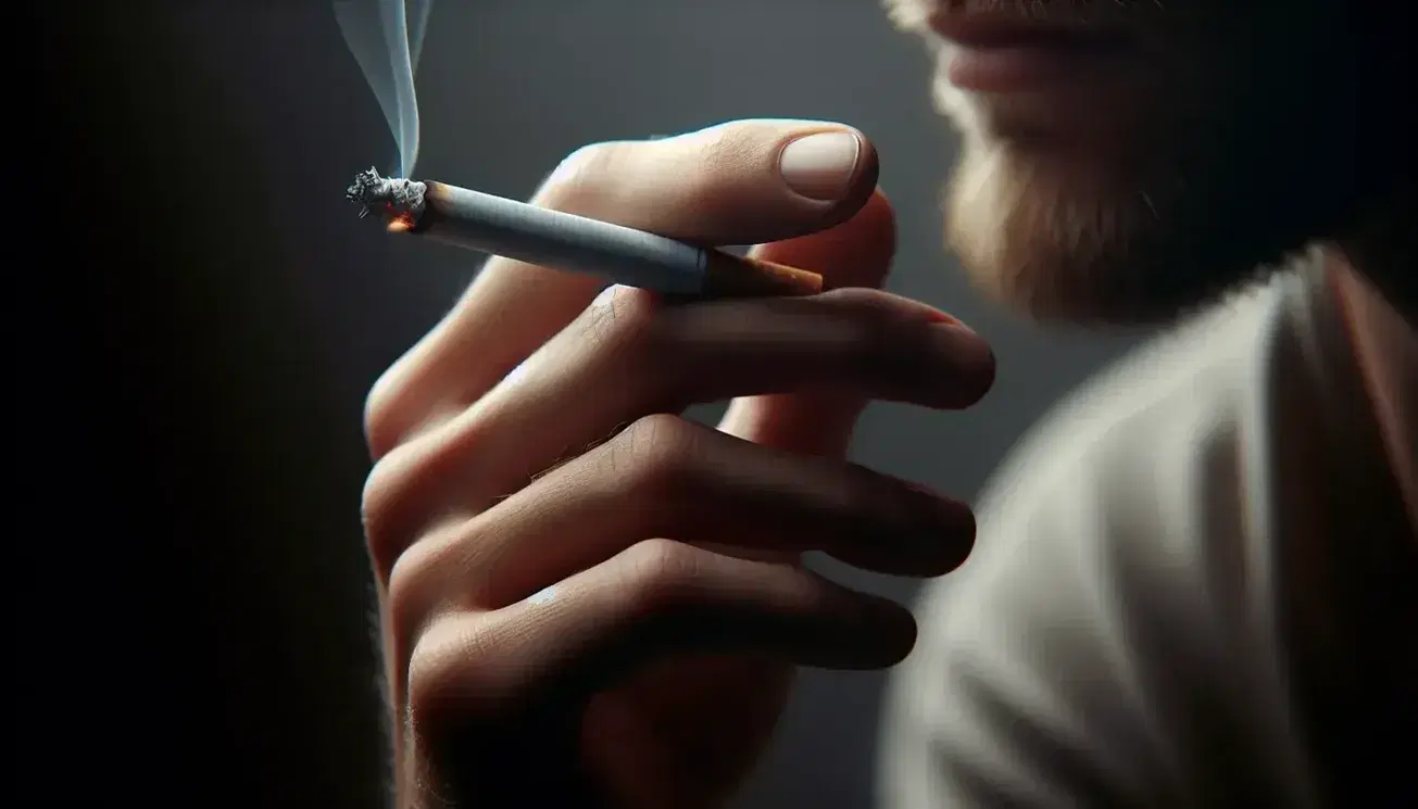 Caucasian hand holding a lit cigarette between index and middle finger, with smoke rising from the glowing tip against blurred background.