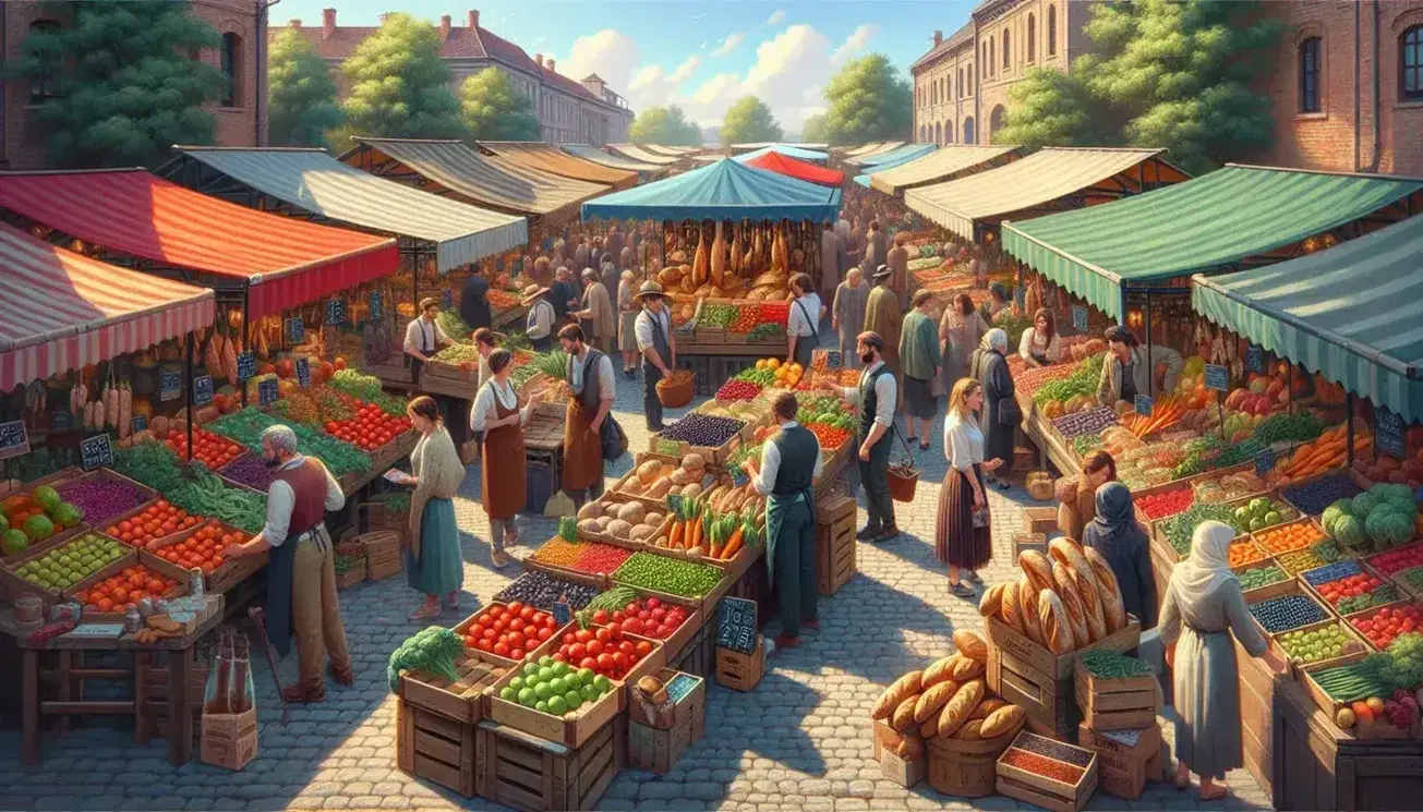Mercado al aire libre con puestos de frutas, verduras, panes artesanales y especias, gente comprando y vendedores atendiendo bajo un cielo azul.