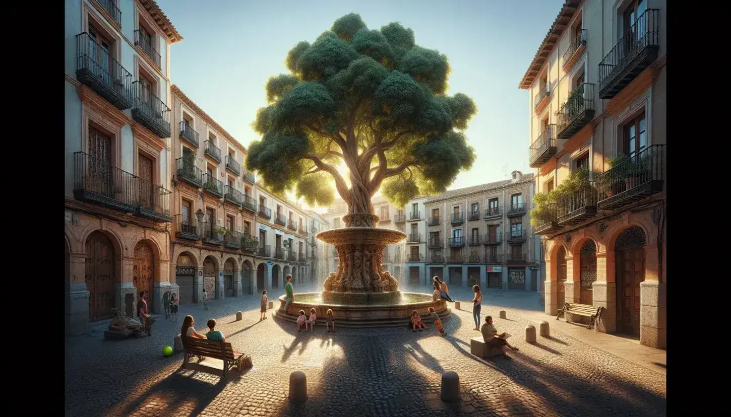 Peaceful Spanish plaza with a stone fountain, chatting locals on a bench, children playing, and a person reading under a tree, surrounded by traditional buildings.