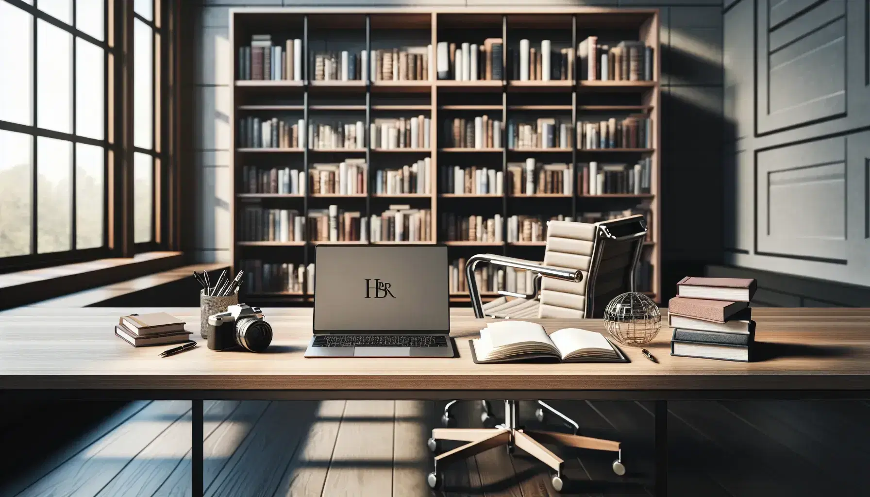 Biblioteca iluminada con estantes de madera y libros variados, mesa con laptop, cuaderno, pluma y cámara, silla de oficina y ventana grande.