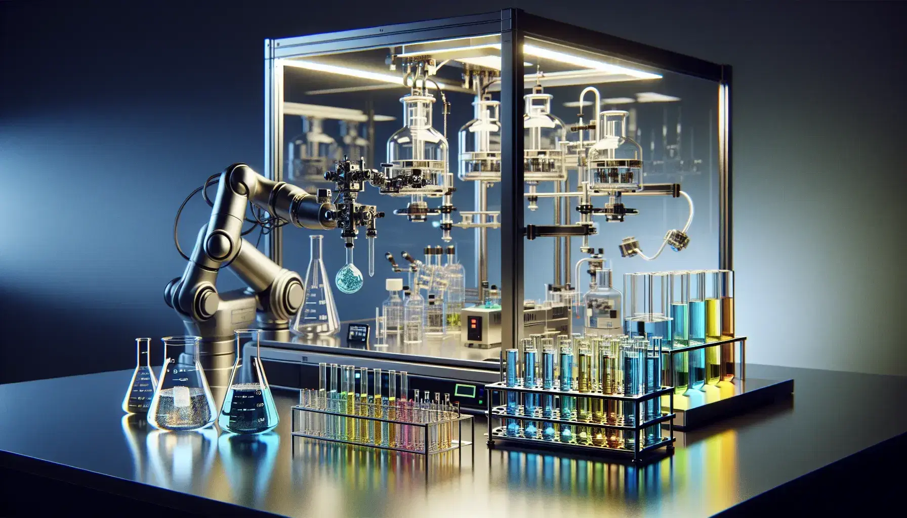 Laboratorio scientifico moderno con tavolo in acciaio, becher colorati, provette e braccio robotico, illuminazione a LED, senza persone.