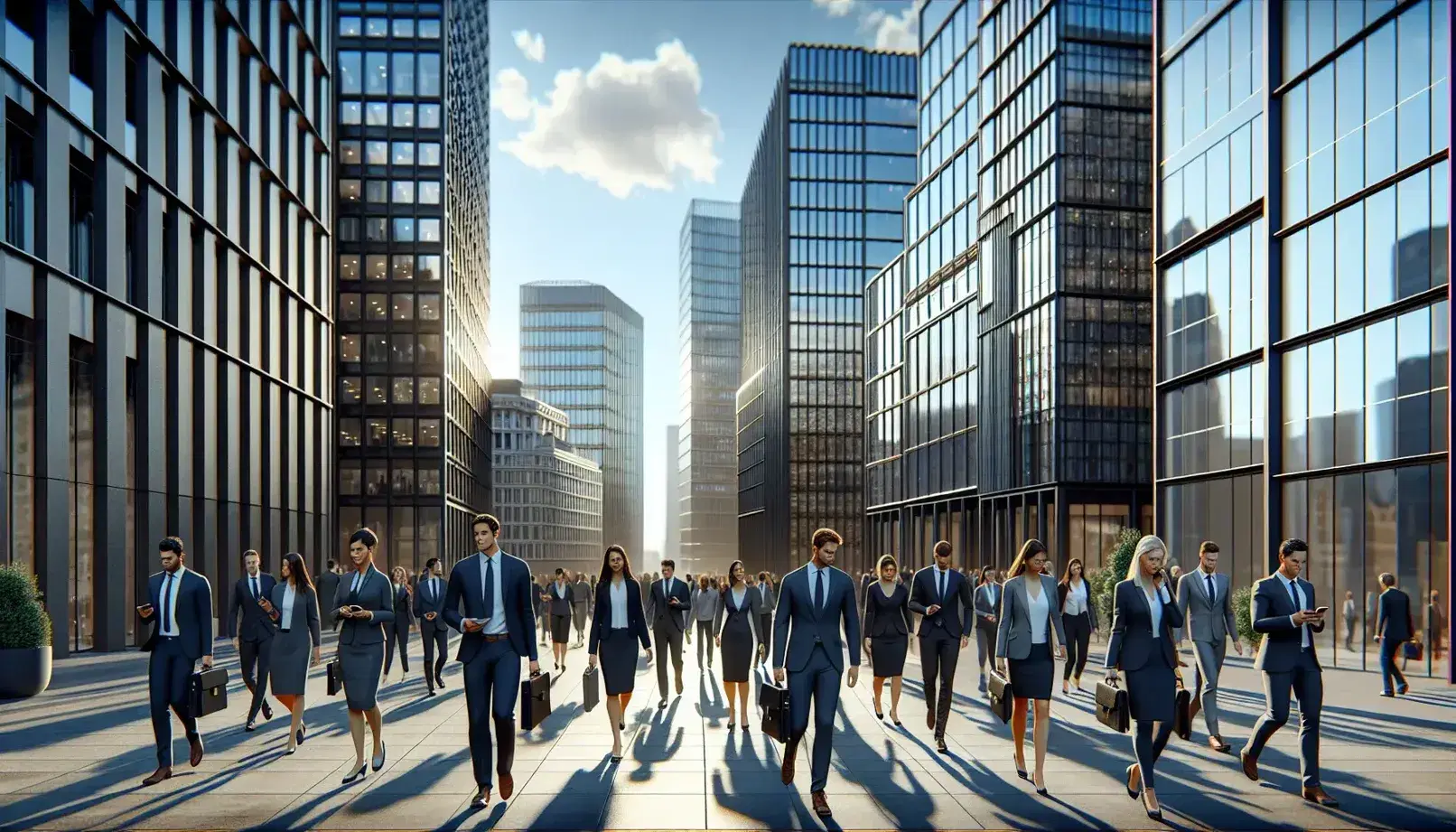 Diverse business professionals walk in a UK financial district with modern glass high-rises reflecting a sunny blue sky.