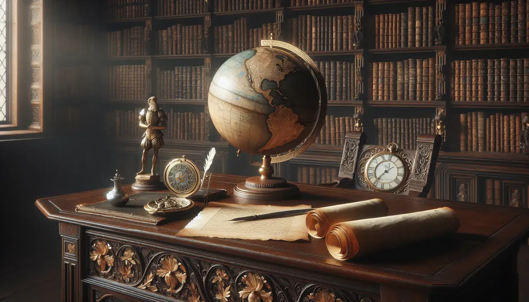 Biblioteca rinascimentale con tavolo in legno, globo antico, penna d'oca, inchiostro, carte ingiallite, statuetta di leone e orologio tascabile.