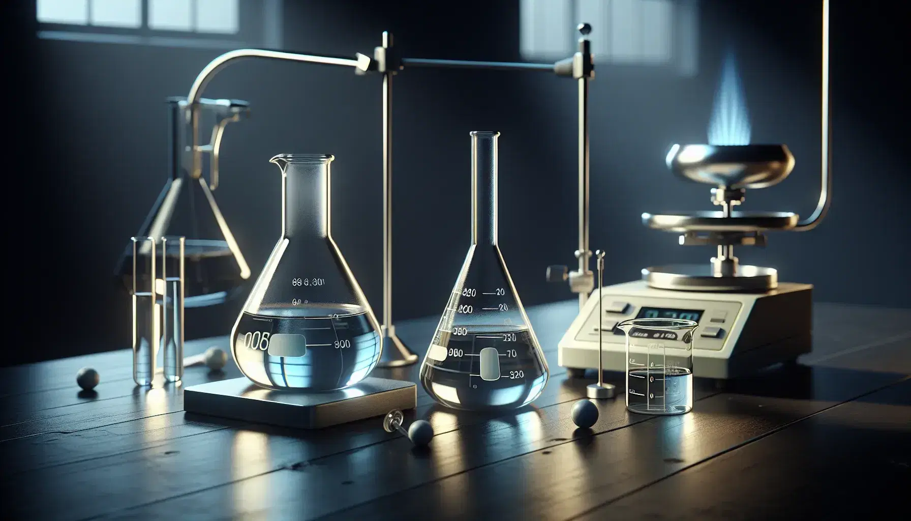 Mesa de laboratorio con instrumentos de vidrio, Erlenmeyer con líquido azul claro, mechero Bunsen encendido y balanza de precisión con pesas.