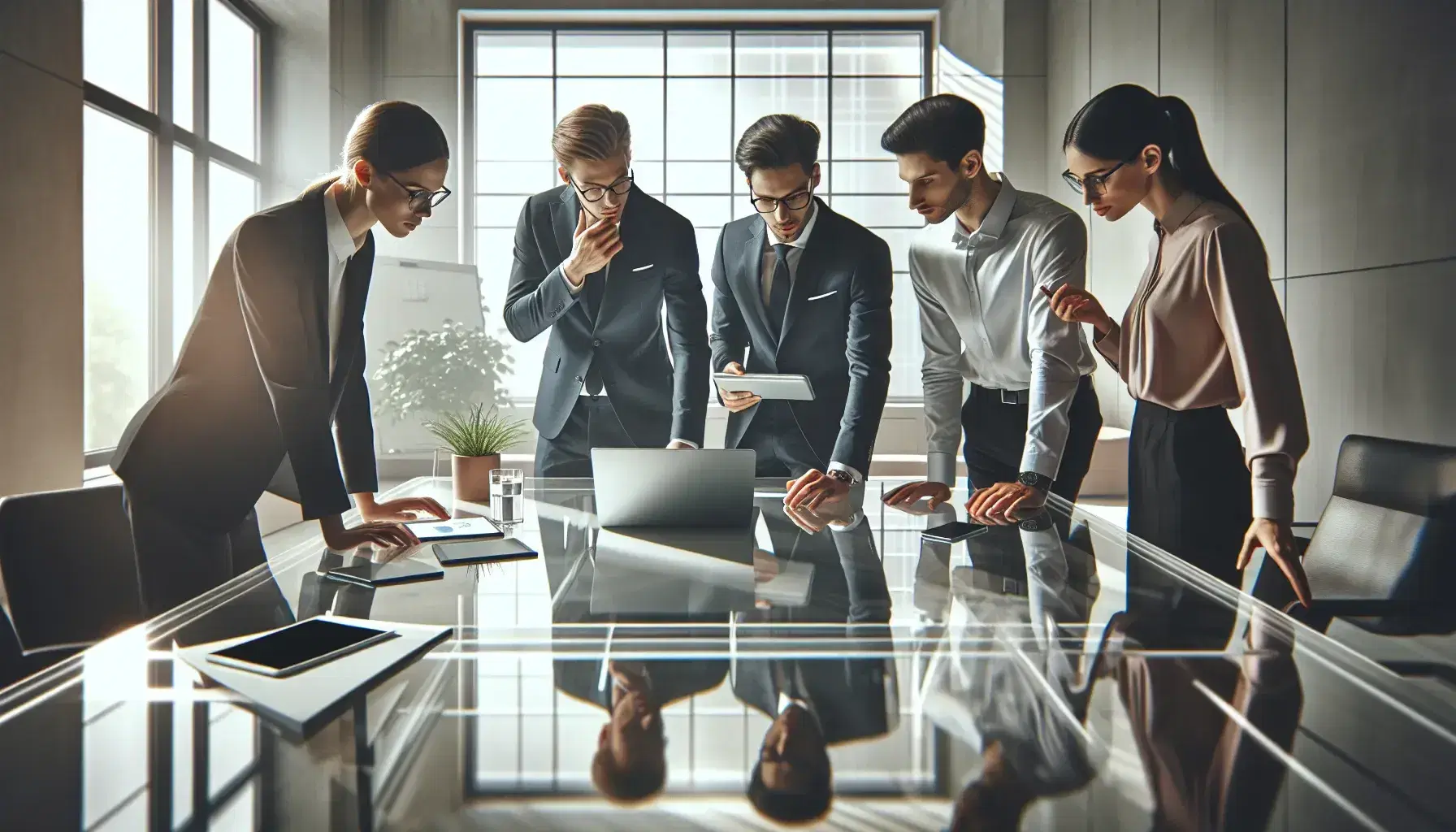Grupo de cinco profesionales en reunión de trabajo en oficina moderna con mesa de vidrio, dispositivos electrónicos y planta decorativa.