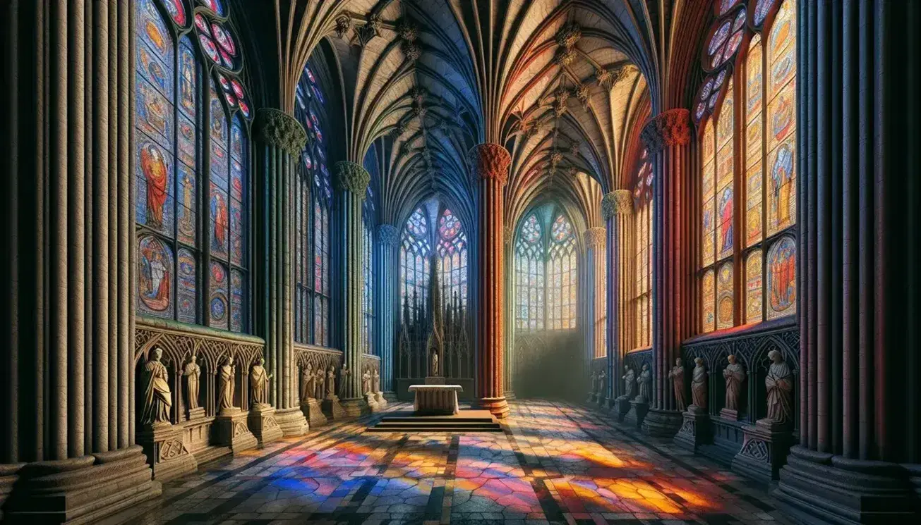 Interno di cattedrale gotica con colonne alte, volte a crociera, vetrate policrome che proiettano luci colorate e sculture nelle nicchie.