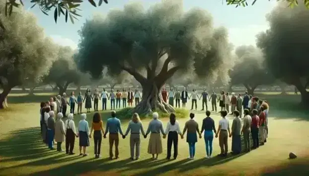 Diverse group holding hands in a circle around an olive tree in a park, symbolizing unity and cooperation under a clear blue sky.