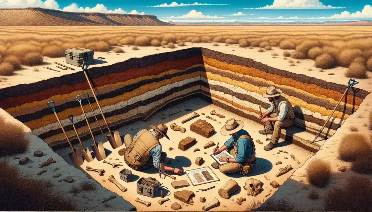 Scavo archeologico in paesaggio aperto con due esperti al lavoro, strumenti e reperti visibili, sotto un cielo azzurro con colline in lontananza.
