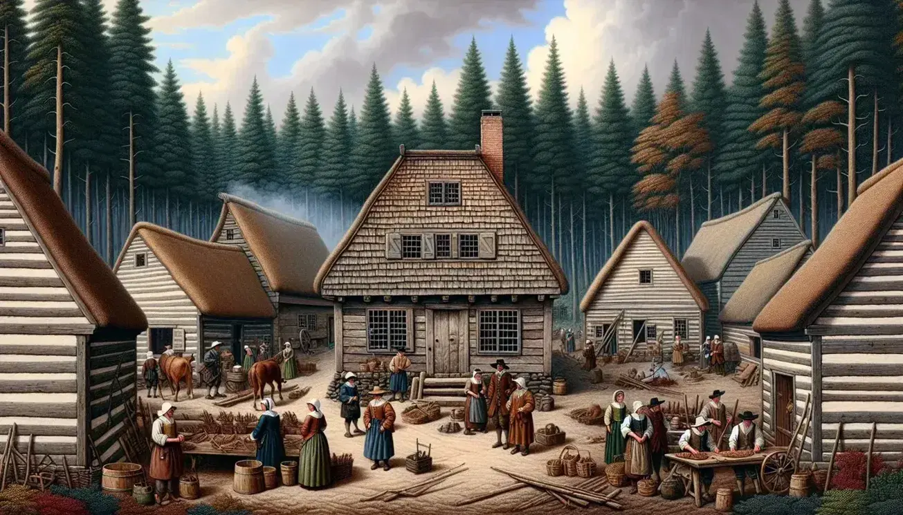 Insediamento coloniale inglese del XVII secolo in Nord America con case in legno, abitanti in abiti d'epoca e mercato all'aperto.
