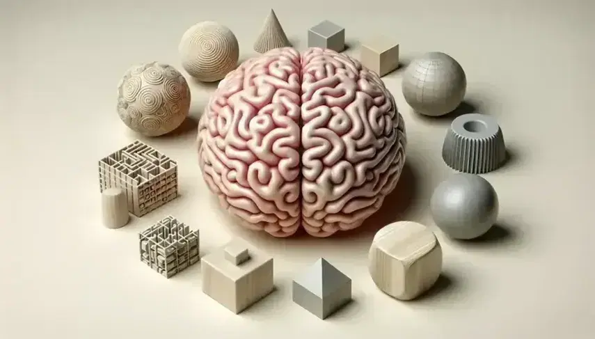Modello di cervello umano con pieghe corticali su sfondo neutro, circondato da figure stilizzate e forme geometriche in legno.