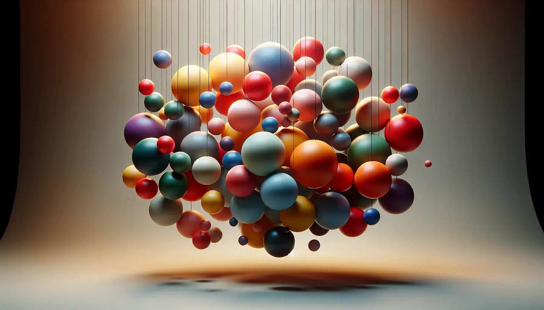 Sfere colorate sospese a varie altezze su sfondo neutro, creando un effetto tridimensionale senza supporti visibili.