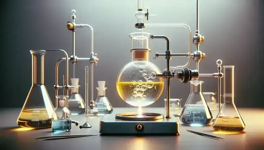 Laboratory with round bottom flask containing yellow liquid connected to Liebig condenser, Bunsen flame underneath, beaker and tweezers next to it.