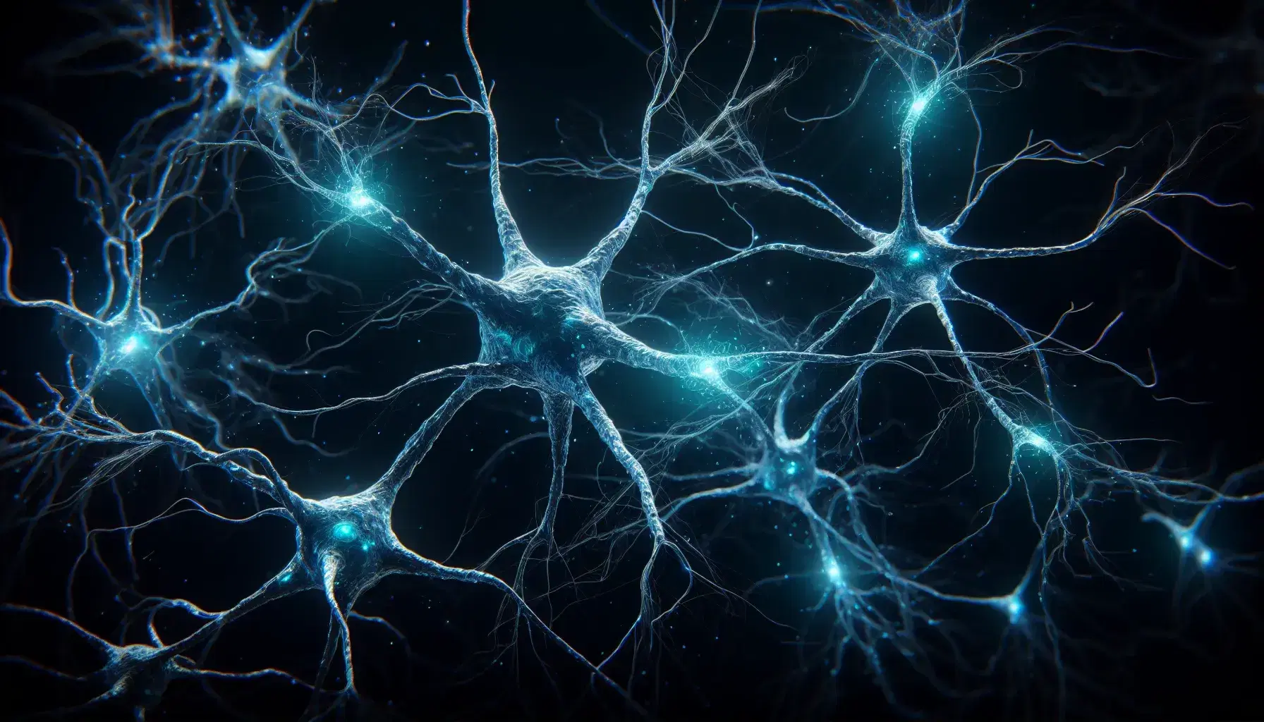 Red de neuronas interconectadas con destellos azules y puntos de luz en un fondo oscuro, representando actividad sináptica y conexiones neuronales.
