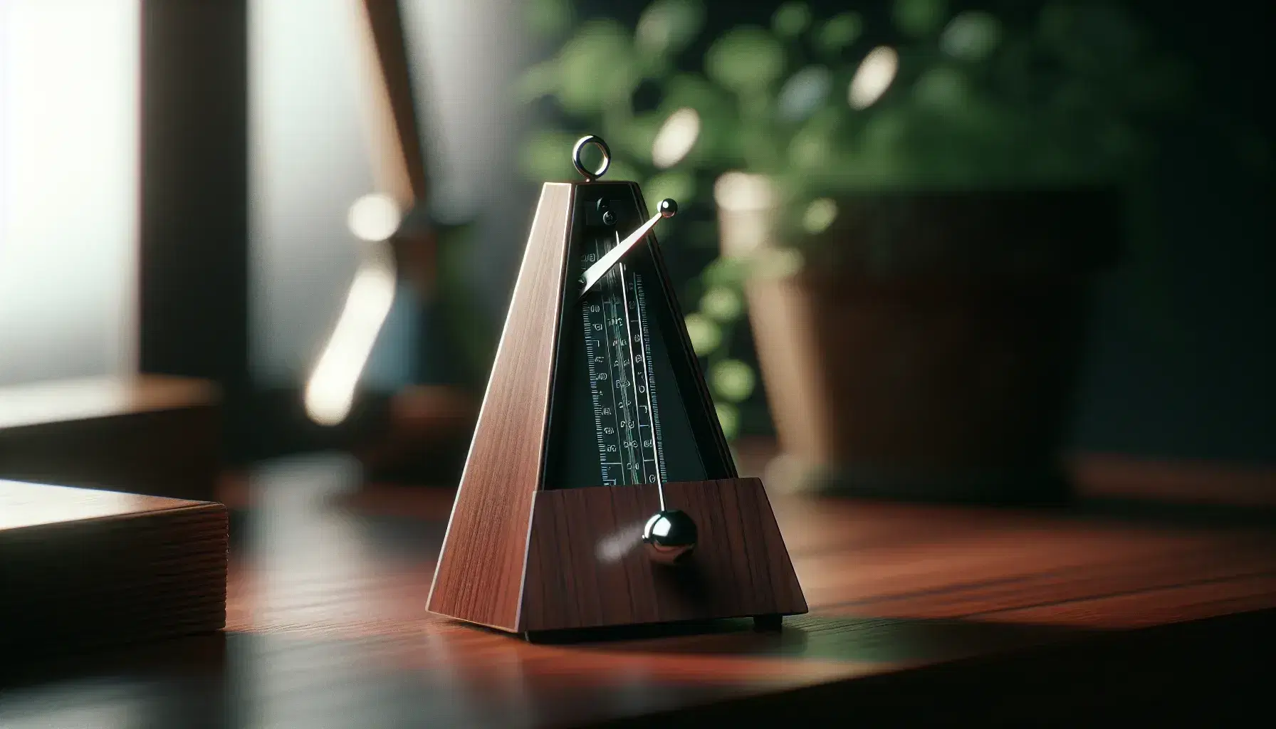 Traditional wooden metronome with glossy black pendulum and silver weight, set against a soft-focus background of indoor plants.