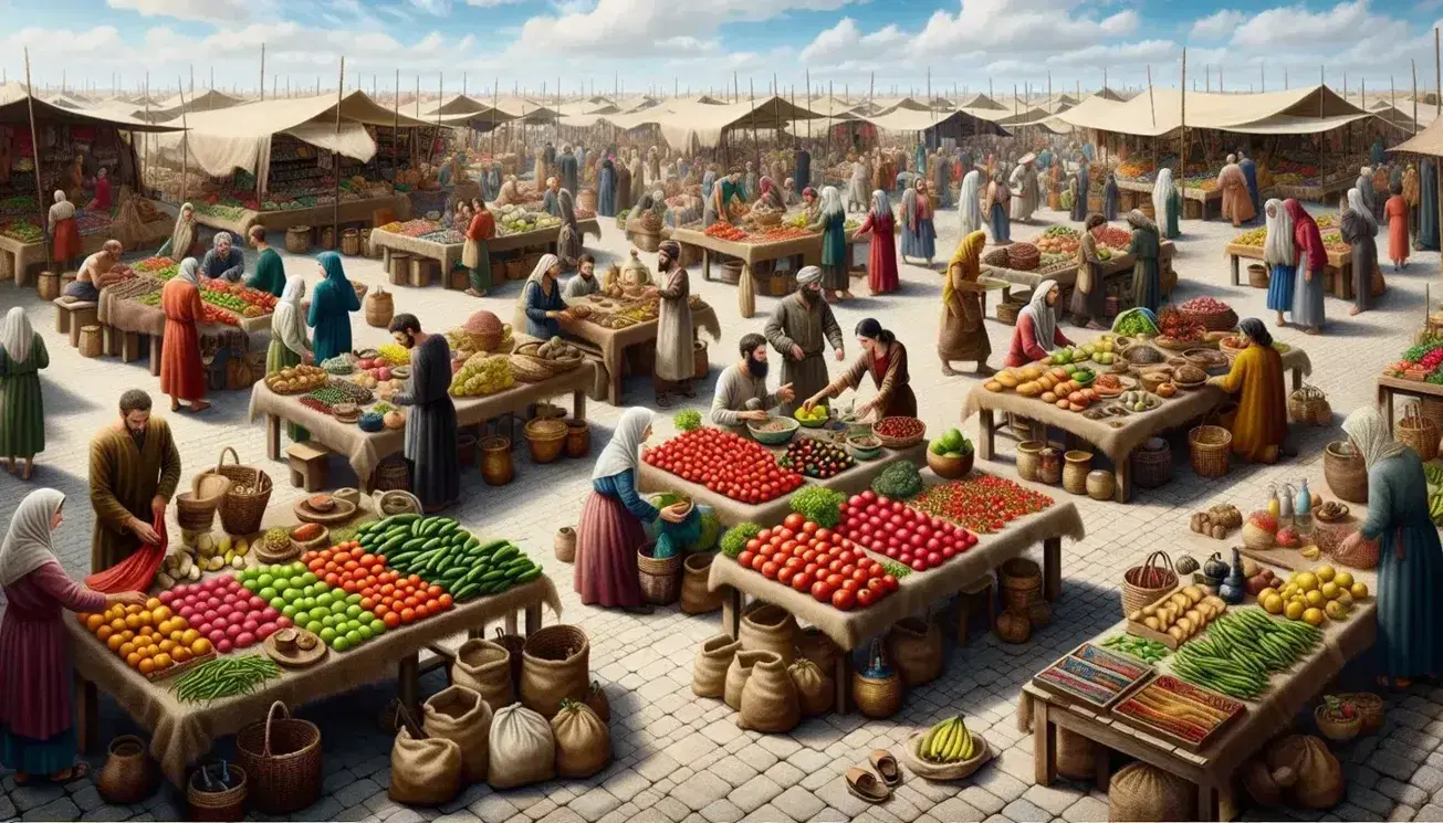 Lively open-air market with wooden stalls and jute cloths displaying colorful fruit, colorful vendors and customers, woven baskets, pottery and textiles under a blue sky.