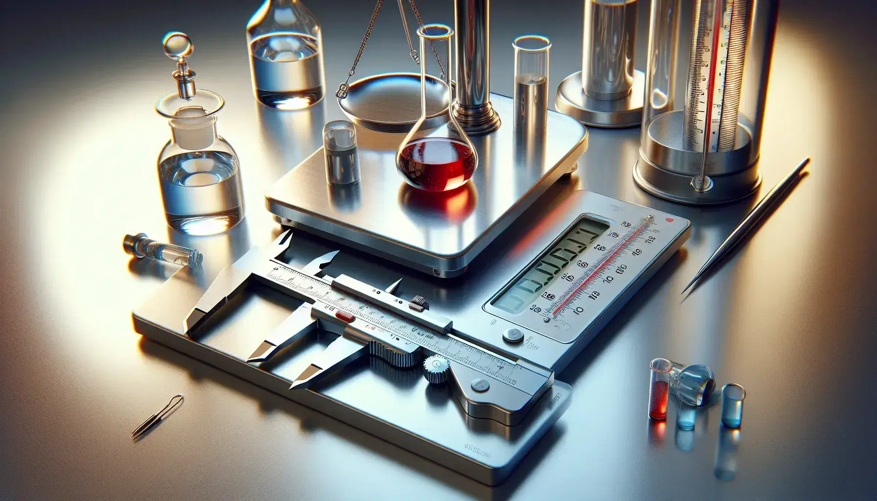 Colección de instrumentos de medición científica con calibre vernier de acero, termómetro de vidrio con líquido rojo y balanza analítica de laboratorio apagada junto a cilindro graduado con líquido incoloro.