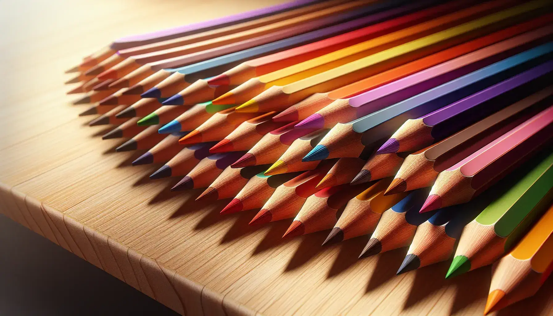 Lápices de colores con puntas afiladas dispuestos en abanico sobre superficie de madera clara, mostrando un espectro de rojo a violeta.