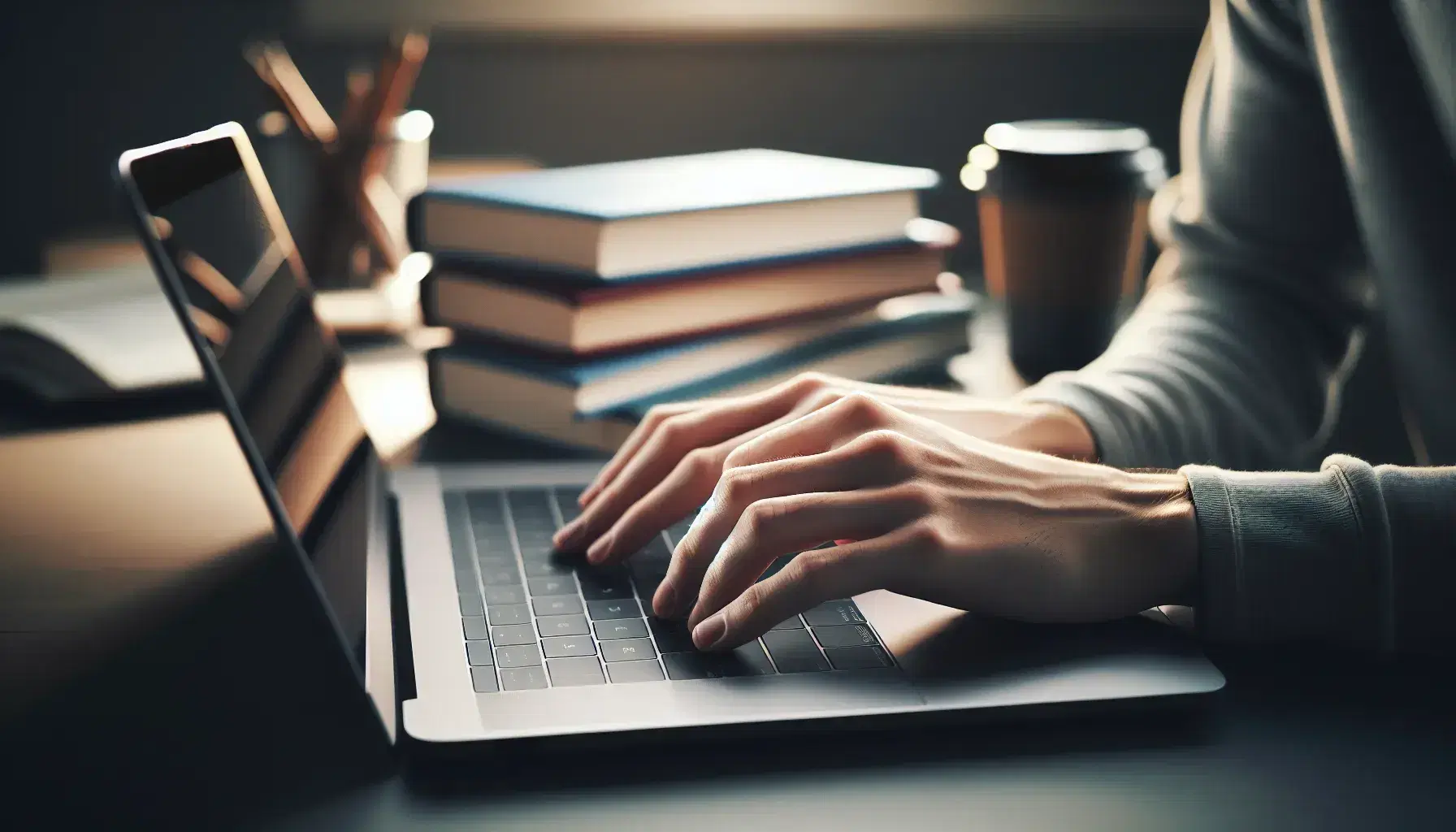 Hands resting on modern laptop keyboard with blurred stacked books background in bright, studious environment.