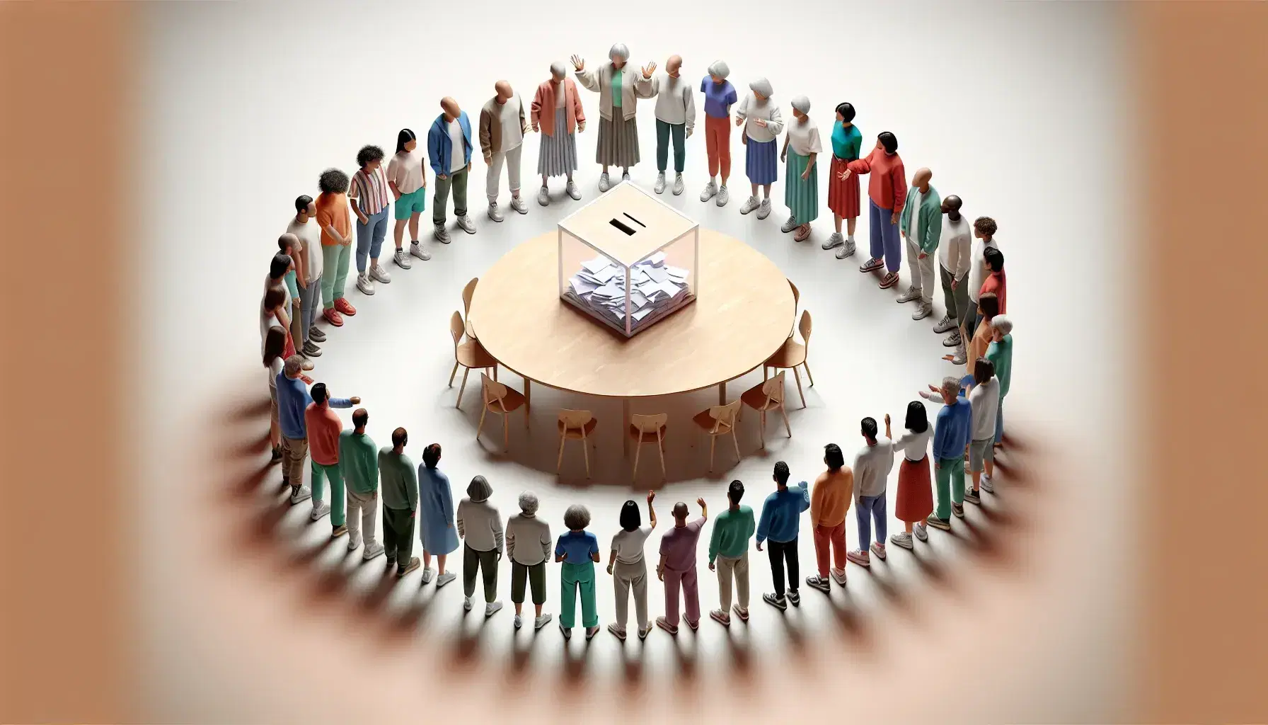 Grupo diverso de personas en animada conversación alrededor de una mesa redonda con urna de votación transparente en el centro, en un ambiente interior iluminado.