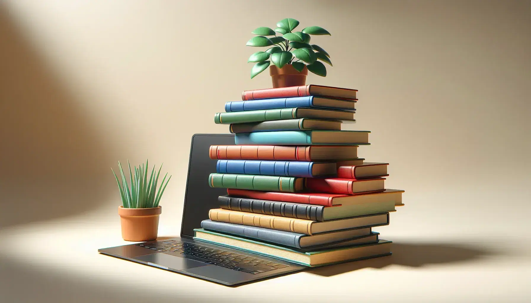 Pila de libros de colores sólidos en superficie clara con portátil abierto y planta verde en maceta terracota, ambiente iluminado naturalmente.