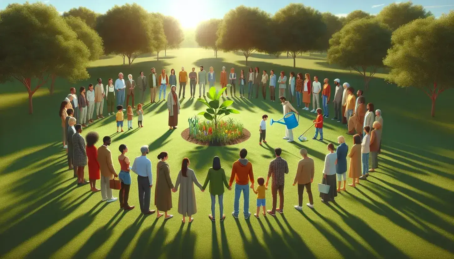 Grupo diverso de personas interactuando positivamente en un parque, niño regando una planta joven bajo el sol, sin textos ni símbolos en la escena.
