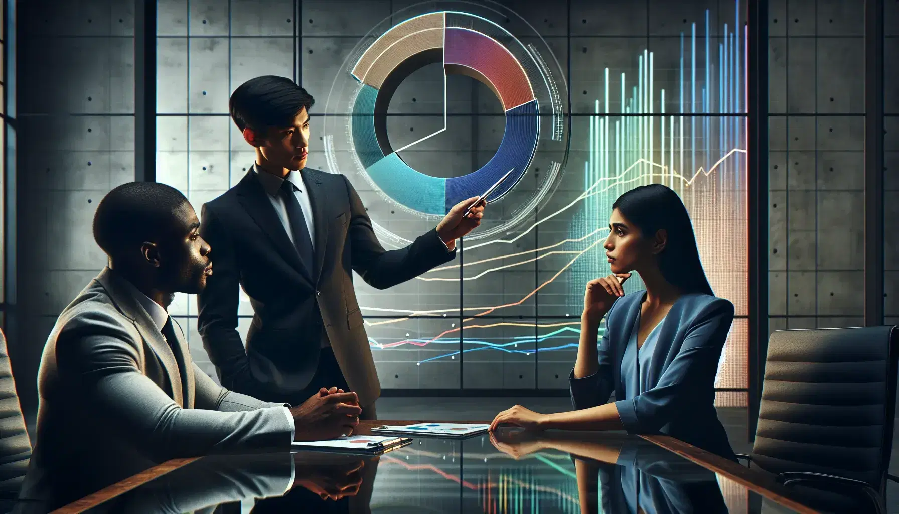 Three professionals analyze a 3D pie chart during a meeting, with a South Asian man pointing at it, as line graphs display on a monitor behind them.