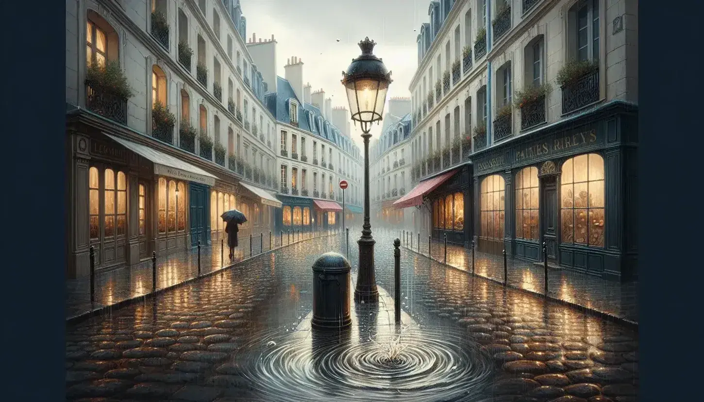 Rain-soaked Parisian street with glistening cobblestones, a lit street lamp, classic French architecture, and a person with a blue umbrella.