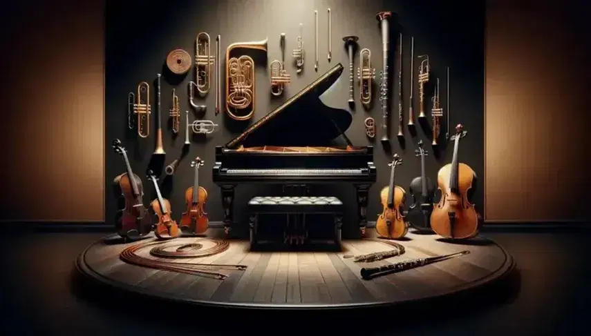 Piano de cola con tapa abierta, violín con arco, flauta transversal plateada, trompeta dorada y clarinete sobre fondo oscuro de escenario.