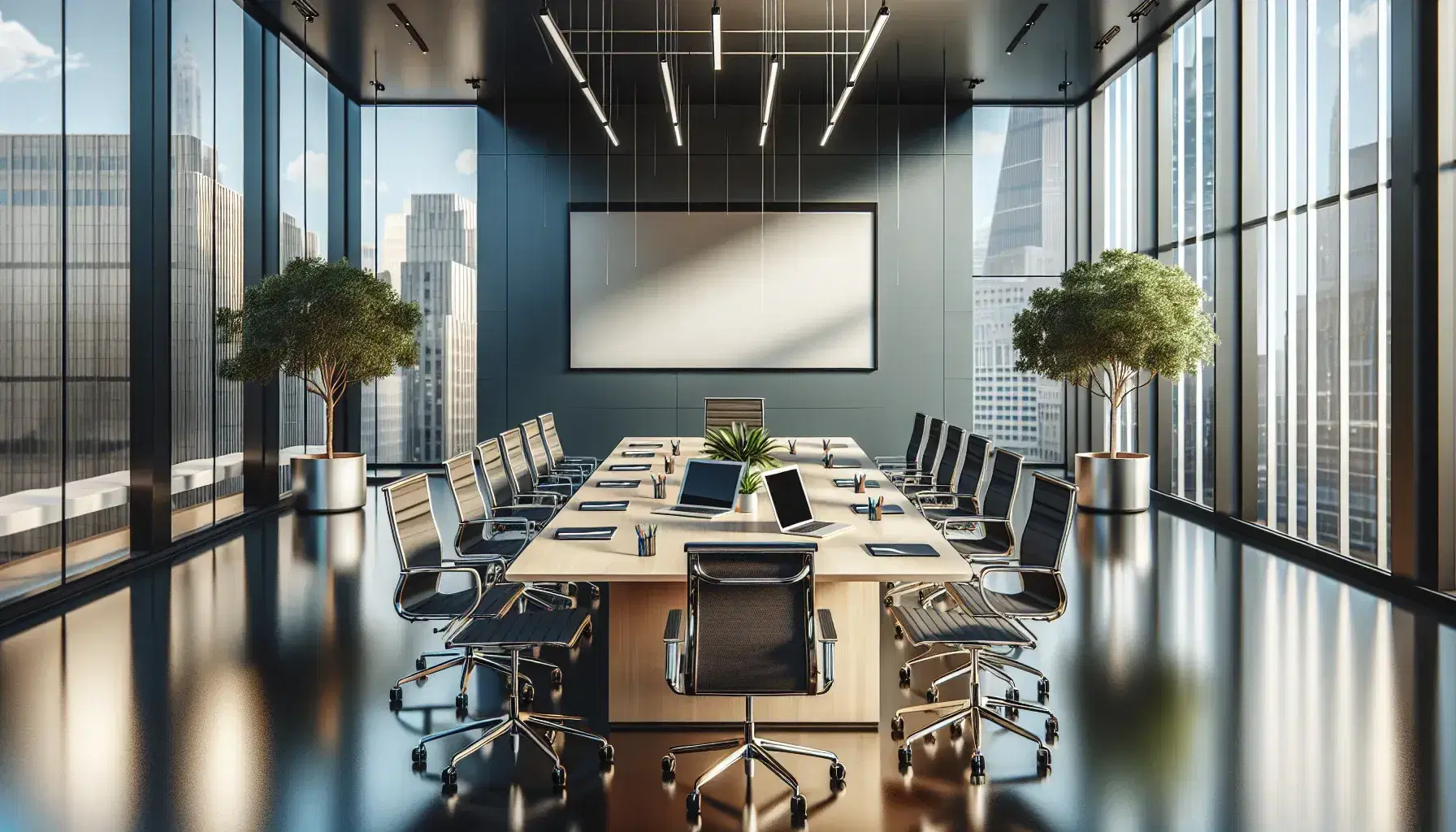 Sala de juntas moderna con mesa de madera, sillas ergonómicas y ventanal con vista urbana, lista para reunión de trabajo.