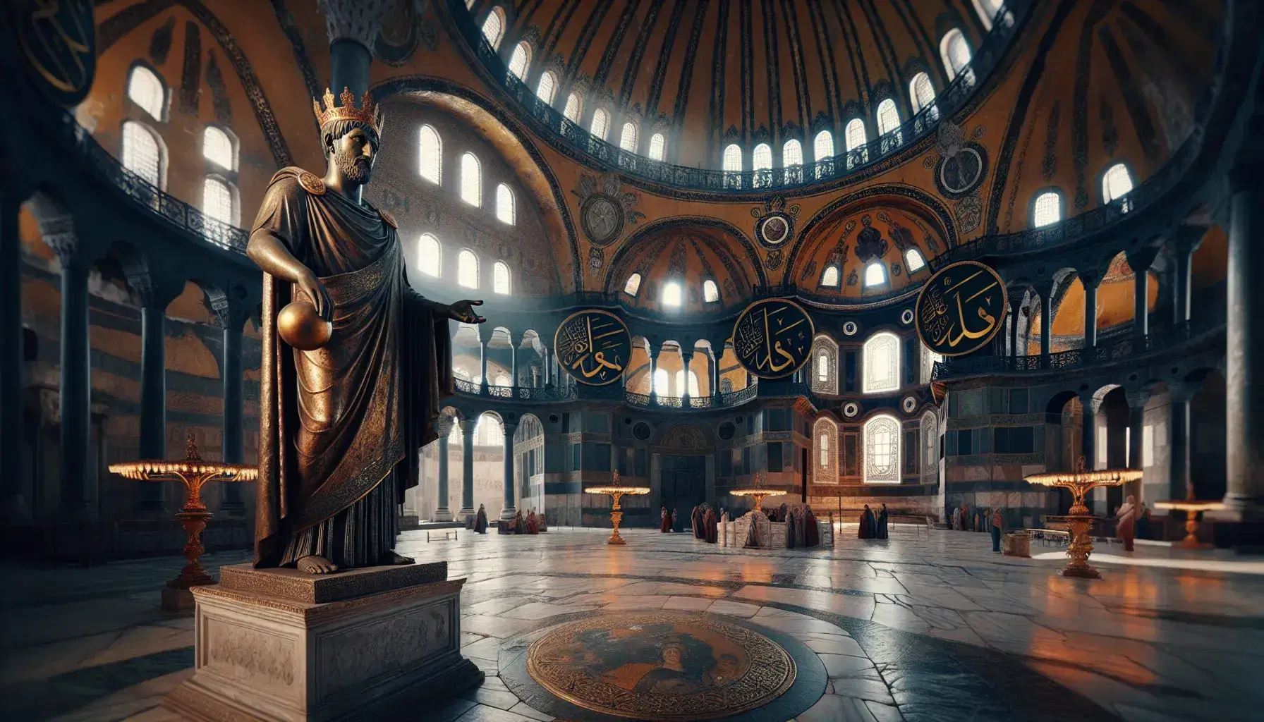 Interno della Hagia Sophia con statua di bronzo di Giustiniano I e mosaici dorati, luce filtra dalla cupola.