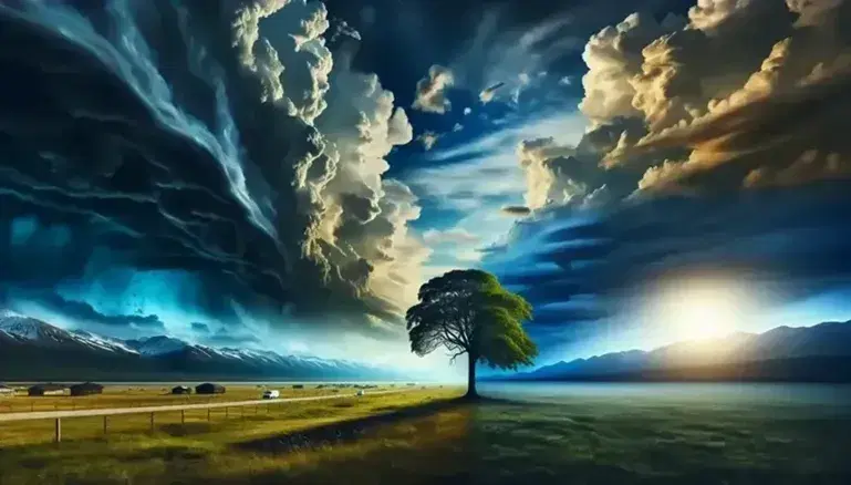 Paesaggio aperto con albero solitario, cielo contrastante tra nuvole scure e sereno, montagne in lontananza e insediamento umano.