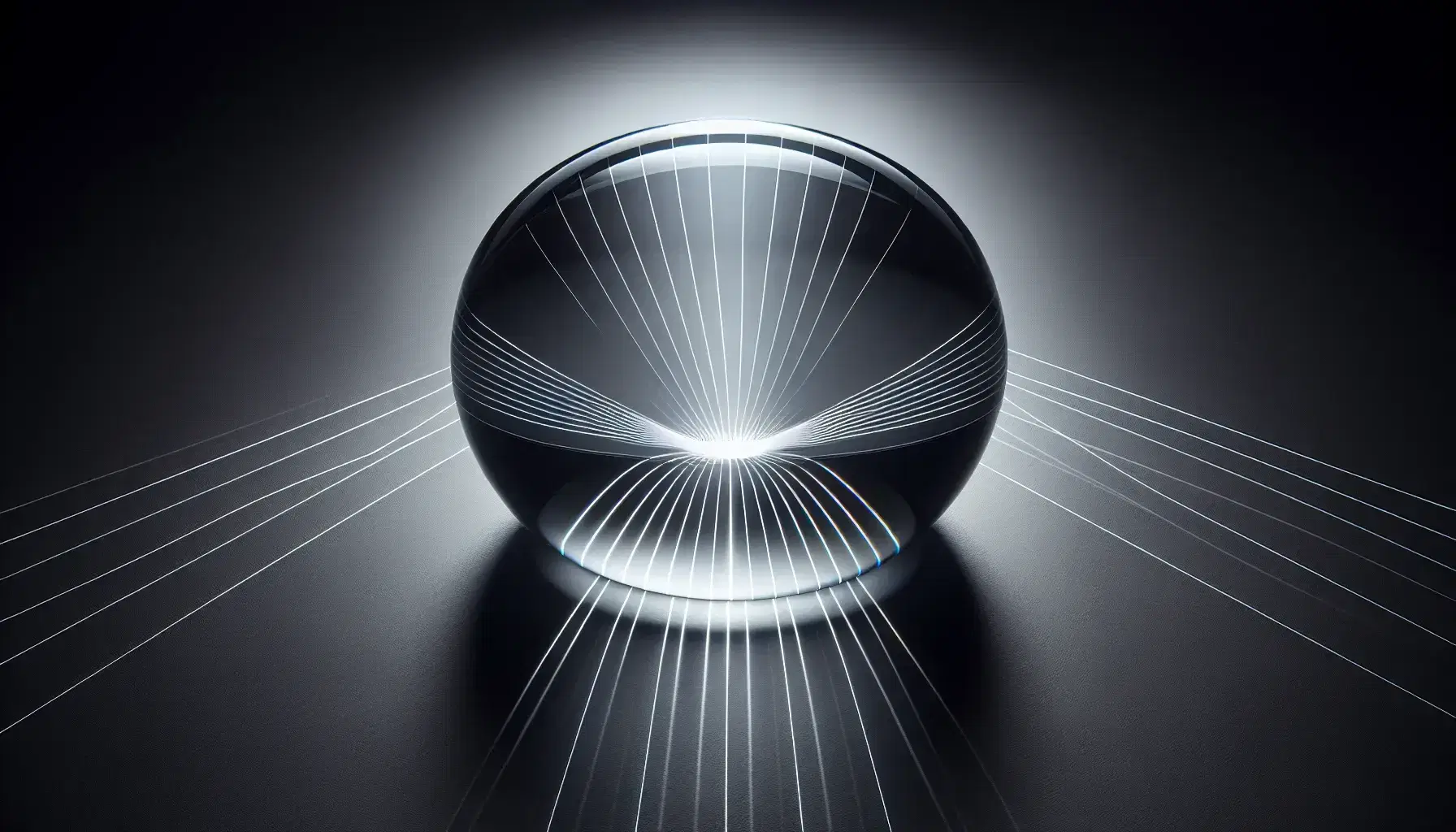 Biconvex glass lens on black background with white light rays converging through it, demonstrating refraction and focal point.