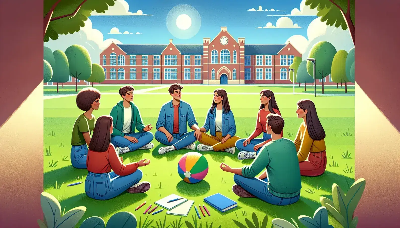 Grupo de cinco jóvenes sentados en círculo en un parque con objetos para dinámicas de grupo, bajo un cielo azul con edificio escolar y árboles al fondo.