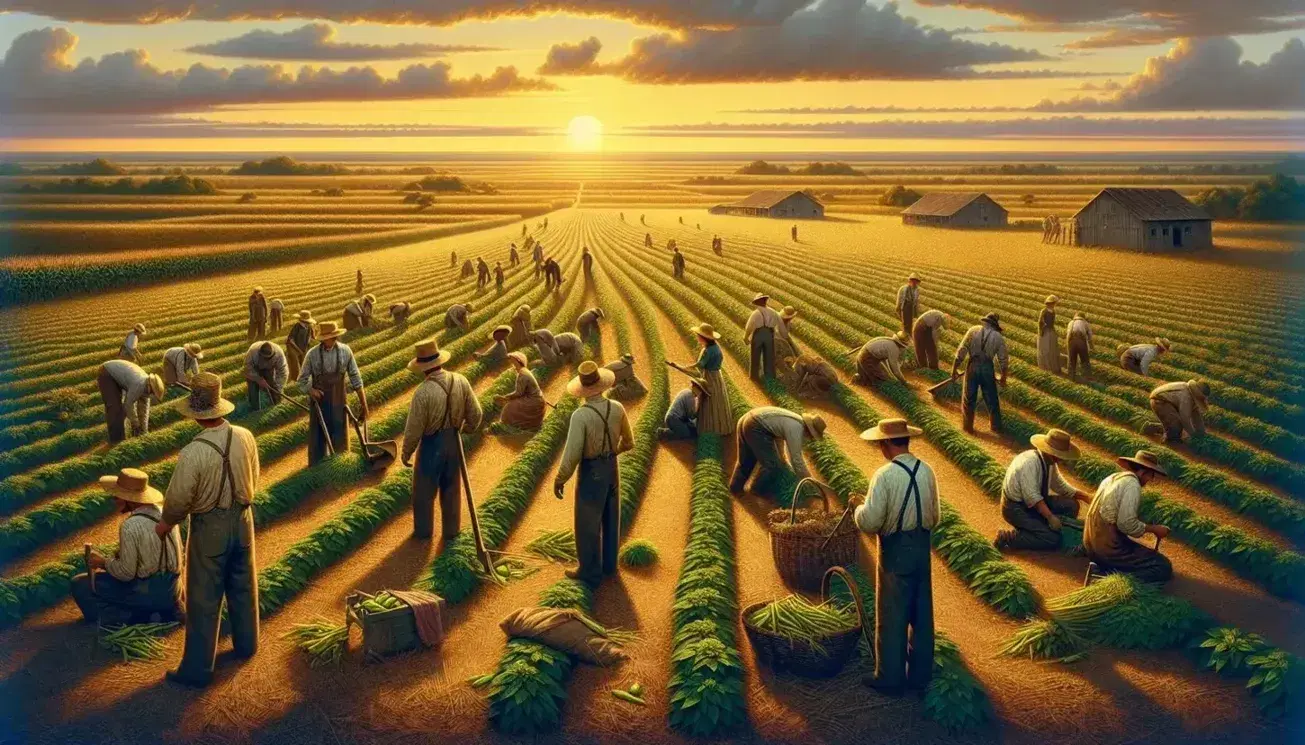 Trabajadores agrícolas cosechando en campo al atardecer, con sombreros de paja y herramientas manuales, bajo un cielo degradado de amarillo a azul.