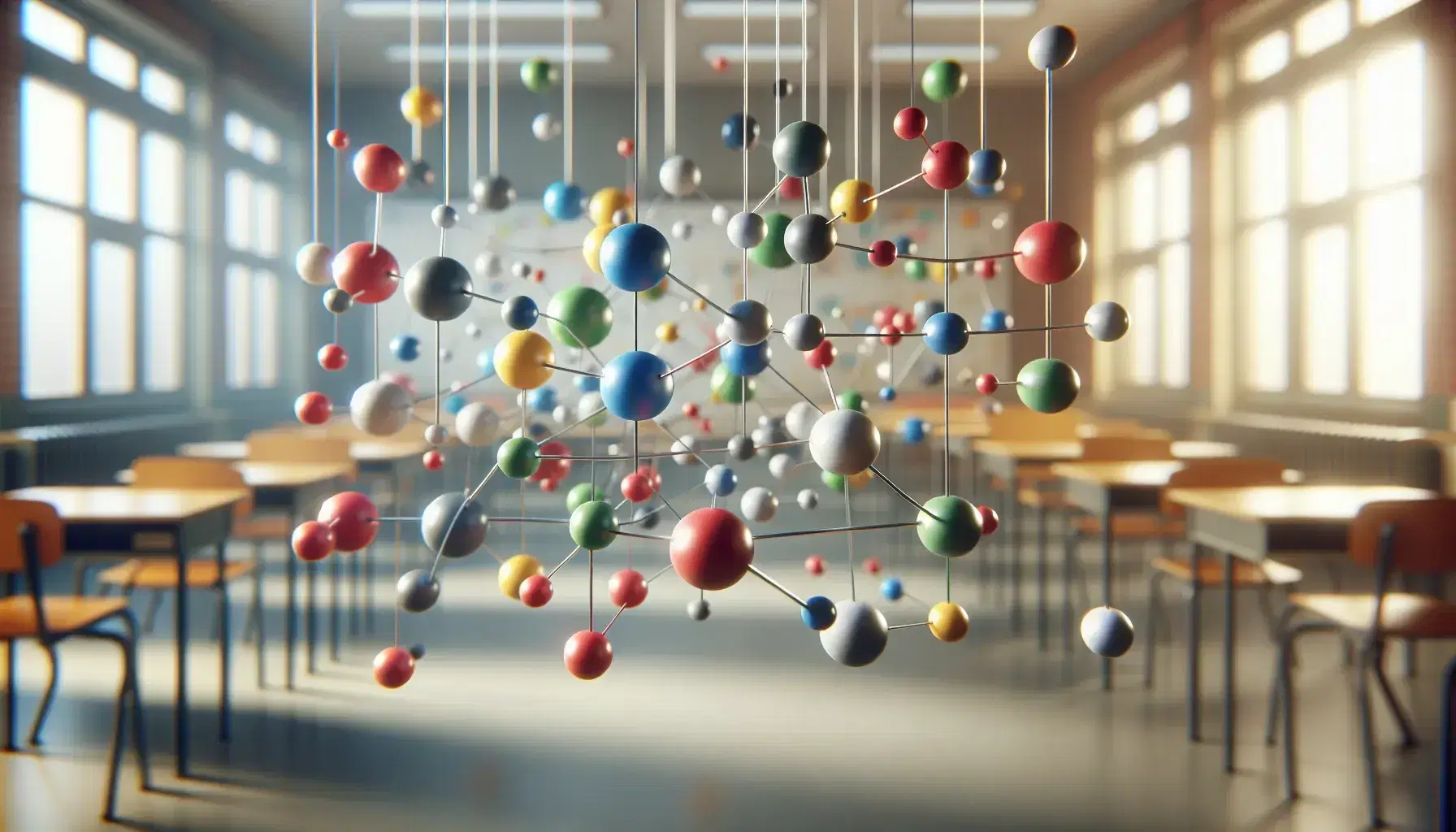 Sfere colorate sospese e interconnesse da aste trasparenti in uno spazio neutro che ricorda un'aula scolastica sfocata.