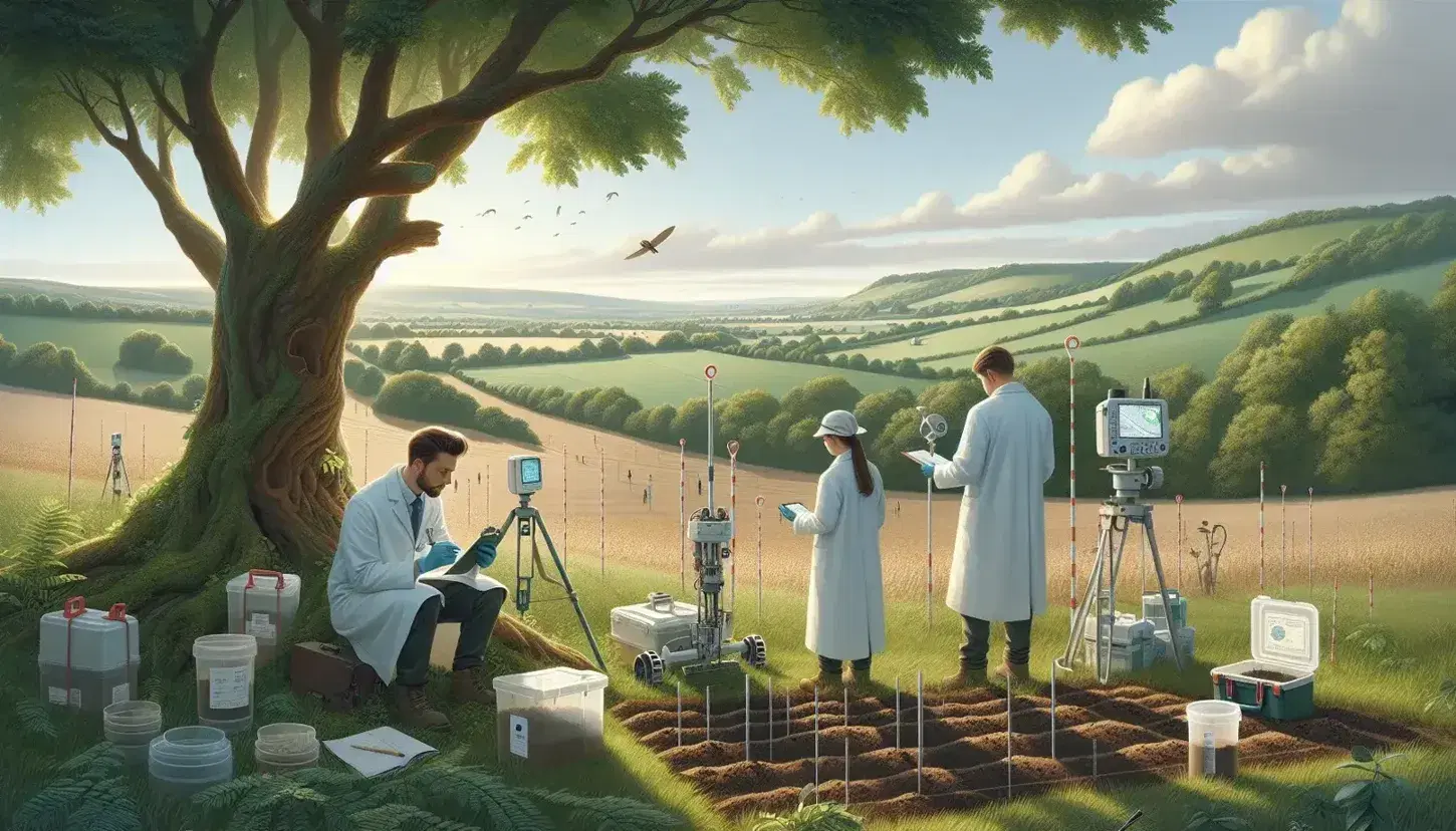 Científicos analizando muestras de suelo en un entorno natural con equipo de muestreo, árbol frondoso y colinas verdes bajo un cielo azul.