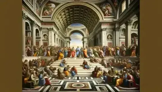 Affresco 'La Scuola di Atene' di Raffaello, con filosofi antichi in dialogo tra colonne corinzie e architetture rinascimentali.