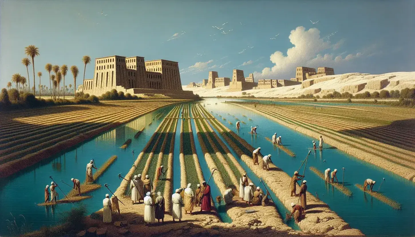 Río tranquilo fluyendo bajo cielo azul con campos cultivados y grupo de personas en tareas agrícolas, rodeados de estructuras antiguas y palmeras en una escena que evoca el Antiguo Egipto.