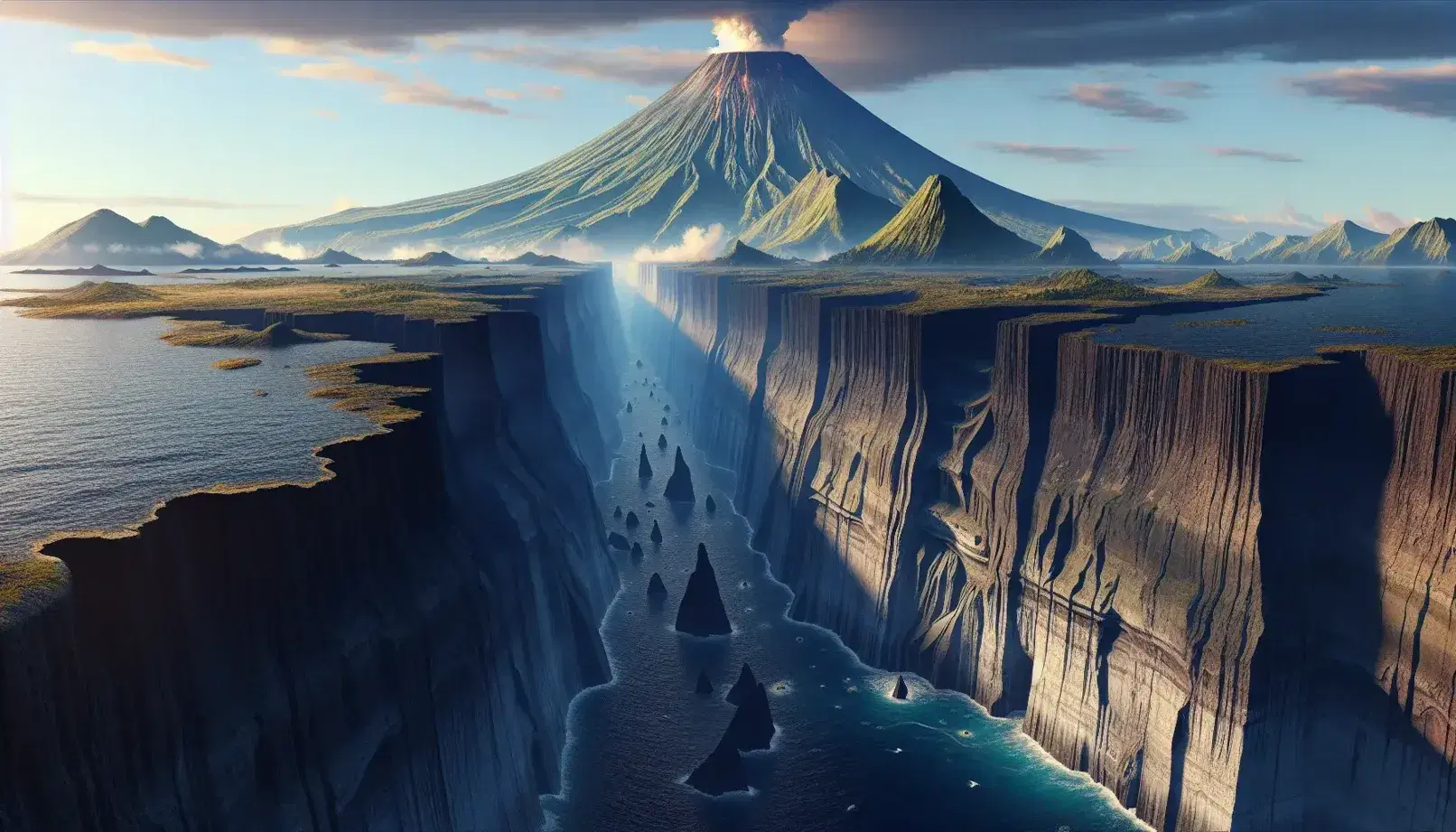 Natural scene of a volcanic arc with an active volcano and smoke, surrounded by an ocean with deep trench and volcanic islands.